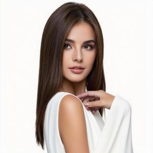 Perruque de haute qualité fabriquée à la machine, style coréen, pour femmes africaines, avec <span class=keywords><strong>frange</strong></span> à raie centrale, <span class=keywords><strong>cheveux</strong></span> raides <span class=keywords><strong>mi</strong></span>-longs, longueur aux épaules - Product Image 2