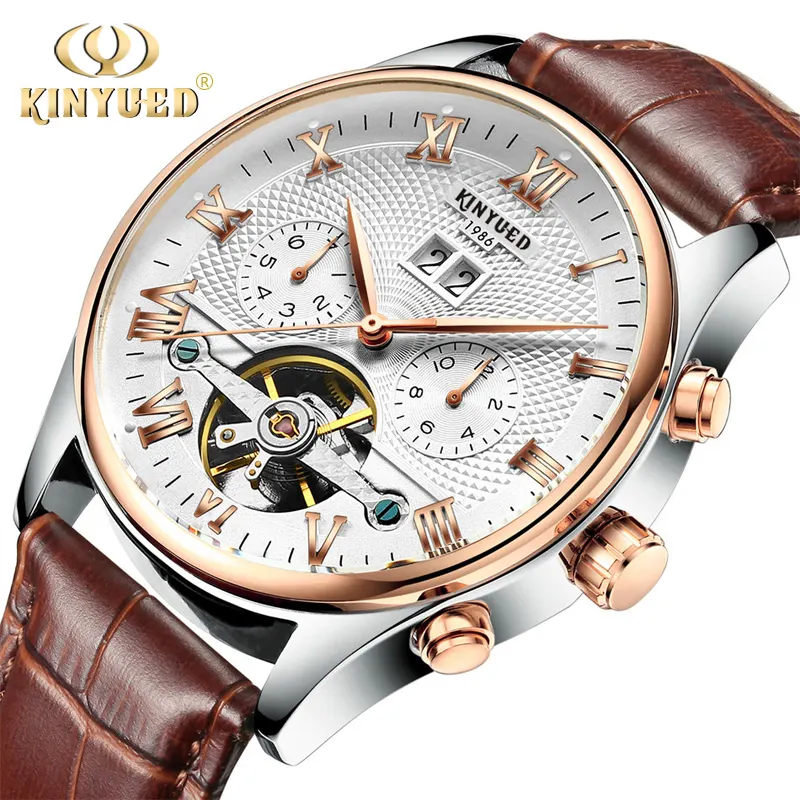 KINYUED J012 prix usine en cuir véritable montre-bracelet étanche multifonctionnel mode hommes montres