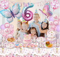 Assiettes, gobelets, serviettes, nappes, ballons, accessoires, décorations de gâteau, drapeaux, vaisselle et fournitures pour fête prénatale ou anniversaire sur le thème des papillons