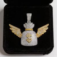 Pendentif Sac d'argent Moissanite Iced Out Hip Hop en Argent S925 Plaqué Or, Testeur de Diamant, avec Symbole Dollar et Ailes