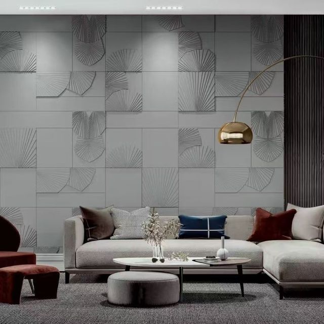 Luxury Navy Blue Leather Wall Panel Gold Embroidered Ginkgo Leaf Inlay Waterproof High-End Wall Decor Modern Bedroom Hotel Suite