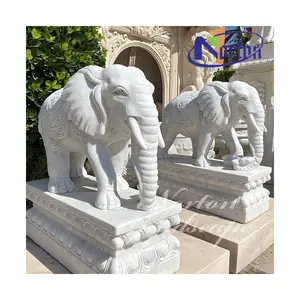 Modern Outdoor Home Decoration Natural Stone Animal Statues A Pair White Marble Elephant Sculpture