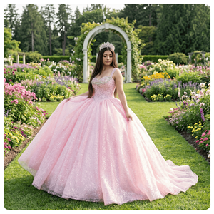 Vestido de Quinceañera Rosa Dy20302, con Apliques, de Chifón Brillante, Largo hasta el Suelo, Estilo Princesa, Antiestático - Product Image 1