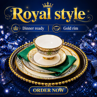 Service de table chinois-européen de luxe 60 pièces pour 8-10 personnes, bord doré et motifs en relief peints à la main, sans plomb ni chrome, qualité alimentaire, pour banquet/cadeau