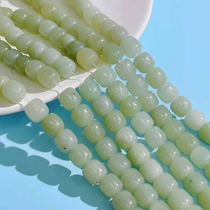 ลูกปัดหยกรูปทรงกระบอกสีเขียวอ่อน,หยกธรรมชาติ Jadeite Bucket Beads สำหรับการทำเครื่องประดับสร้อยข้อมือ DIY