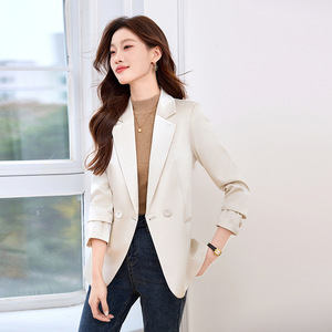 Pink Blazer For Women Slim Fit Korean Style Casual Short Jacket With Pocket Anti Wrinkle Solid Color Polyester Fabric - Product Image 2