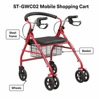 Nouvelle Arrivée Déambulateur à Roulettes Rouge pour Hôpital avec Cadre en Acier, Conception Pliable, Siège Rembourré, Panier de Rangement, 6 Roues, Aide à la Marche