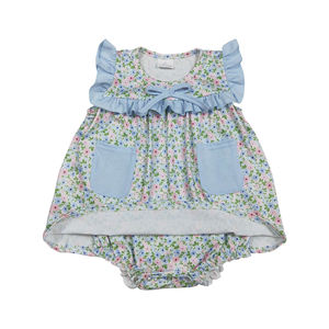 Expédition immédiate Vente en gros Vêtements d'été écologiques en Spandex/Polyester pour bébés filles, motif drapeau avec nœud du 4 juillet, manches courtes - Product Image 5