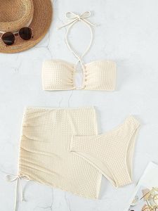 2025 verano moda personalizada Mujer dos piezas Sexy ropa de playa Color sólido Bikinis conjunto de talla grande traje de baño - Product Image 5