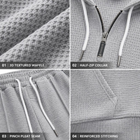 Setelan Training Rajut Waffle Tebal Pria, Hoodie Resleting Seperempat, Celana Panjang Lurus