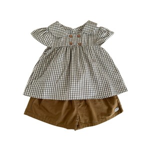 TongXingYuan Baby Girls Plaid Shirt With Peter Pan Collar And Brown Shorts Set Breathable Summer Clothing - Product Image 5