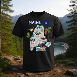 T-shirt avec carte de l'État du Maine, avec points de repère, villes, drapeau américain - Product Image 3