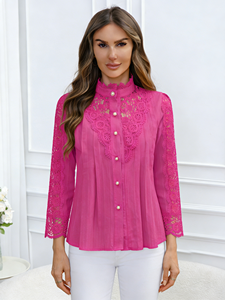 Joyinspring 2026 Nouvelle Collection Printemps/Été – Blouse Décontractée Grande Taille en Chiffon Brodé Uni avec Dentelle et Col Rond à Manches Longues pour Femme – En Stock - Product Image 2