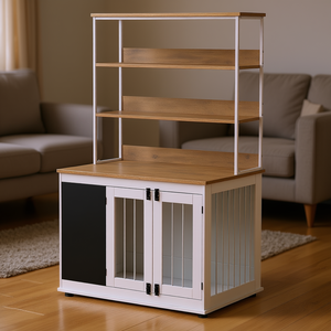 Grande cage pour chien avec étagère de rangement, trois portes, tableau noir, maison pour animaux de compagnie blanche - Product Image 2