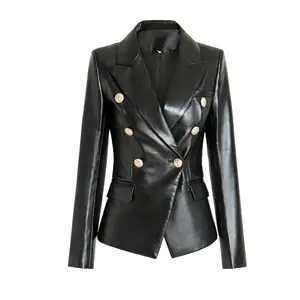 Factory Wholesale Luxurious Designing American Style Gold Buttons Slim Women Plus Size PU Leather Black Blazer Quality Jackets