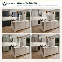 Meuble de cuisine laqué Shaker avec portes encadrées, aménagement en îlot, dimensions personnalisées, boîtes de rangement en contreplaqué et tiroirs à fermeture amortie