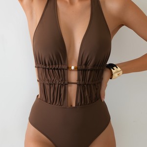 Women Halter One Piece <b>Swimsuit</b> Deep V <b>Neck</b> Cutout Drawstring Beaded <b>High</b> Waist Monokini Summer Beach Bathing Suit Wholesale - Product Image 3