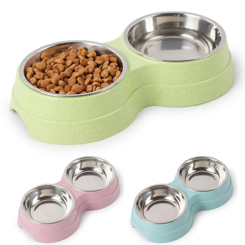 Dubbele Pet Bowls Hond Voedsel Water Feeder Rvs Huisdier Drinken Dish Feeder Kat Ronde 2-In-1 drinken En Voeden Hond Kom