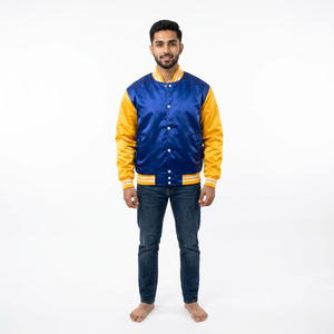Veste de baseball à manches longues de haute qualité, logo d'équipe personnalisé, veste décontractée en satin, FINER THREADS, 100% coton respirant, col montant - Product Image 1