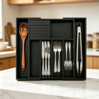 Organisateur de tiroir à couverts en bambou noir, extensible, pour cuisine, avec bloc à couteaux et plateau à couverts