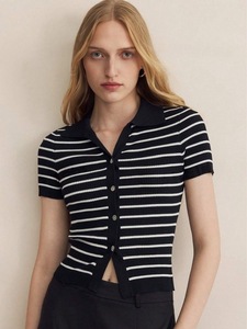 Cárdigan de punto elegante de manga corta a <span class=keywords><strong>rayas</strong></span> francesas para <span class=keywords><strong>mujer</strong></span>, camiseta informal transpirable con cuello de <span class=keywords><strong>Polo</strong></span> - Product Image 6
