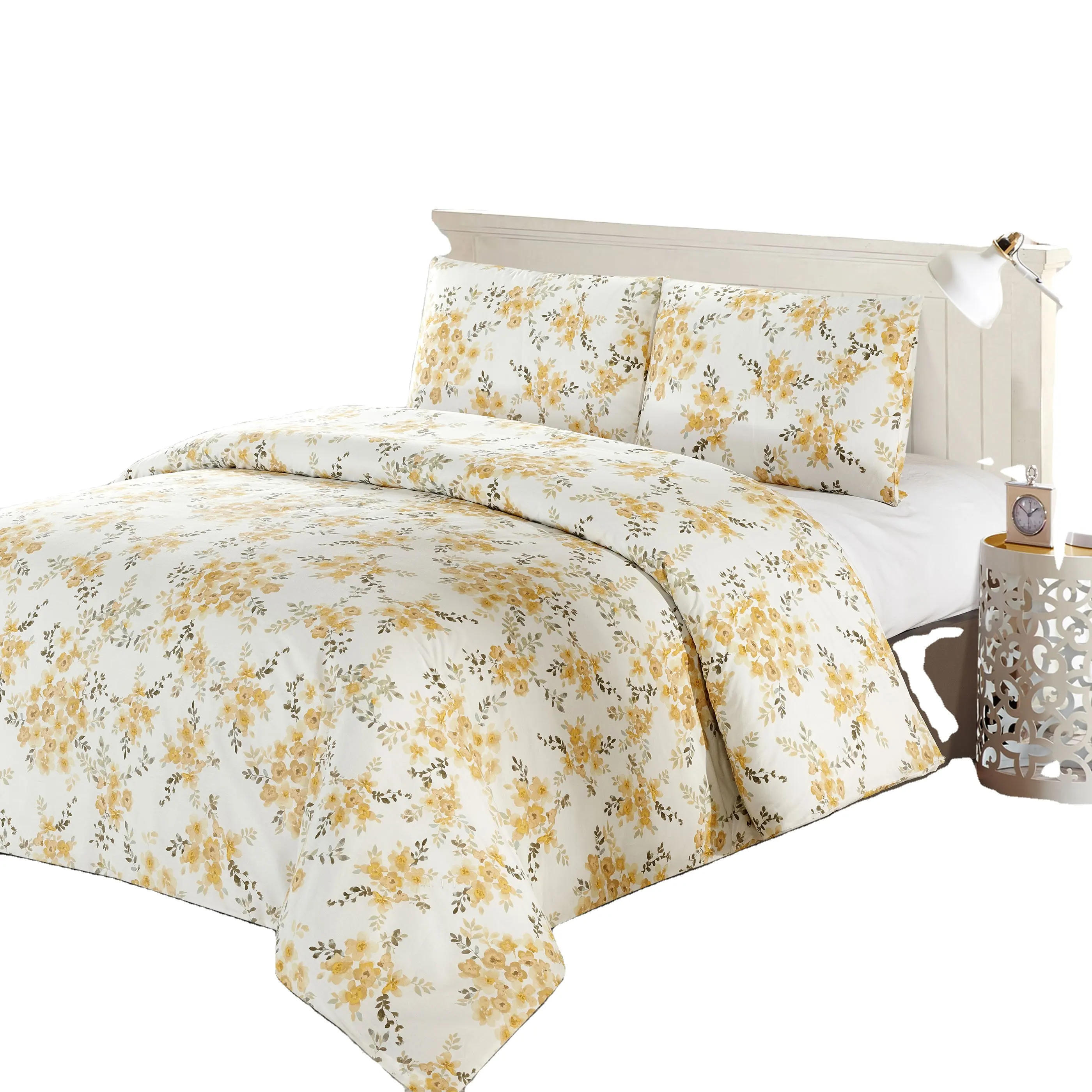 Yellow tonal watercolor floral print designer comforter sets bedding for queen With grey sheet sets