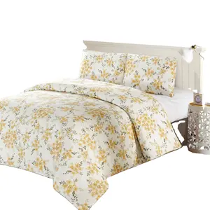 Yellow tonal watercolor floral print designer comforter sets bedding for queen With grey sheet sets