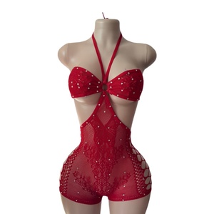 Mono de rejilla con cuello halter y pedrería, estilo bodycon, para danza exótica, discoteca y stripper - Product Image 5