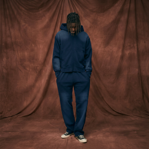 Unisex Navy Blue Hooded Tracksuit Full Zip Regular Fit Solid Color <b>Polyester</b> Sweatpants Side Pockets Spring Casual Wear 2 1 Dot - Product Image 1