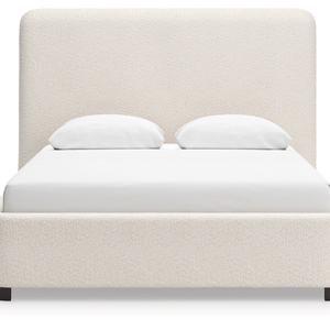 Cadre de lit en bois crème moderne avec tête de lit haute en tissu, panneau sculpté à la main, rembourrage élégant pour chambre à coucher - Product Image 3