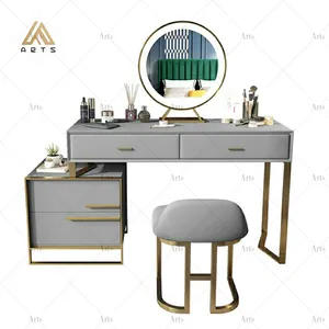 Mueble de cama de diseño moderno, tocador dorado, taburete, pata de metal, juego de tocador de microfibra, gran oferta