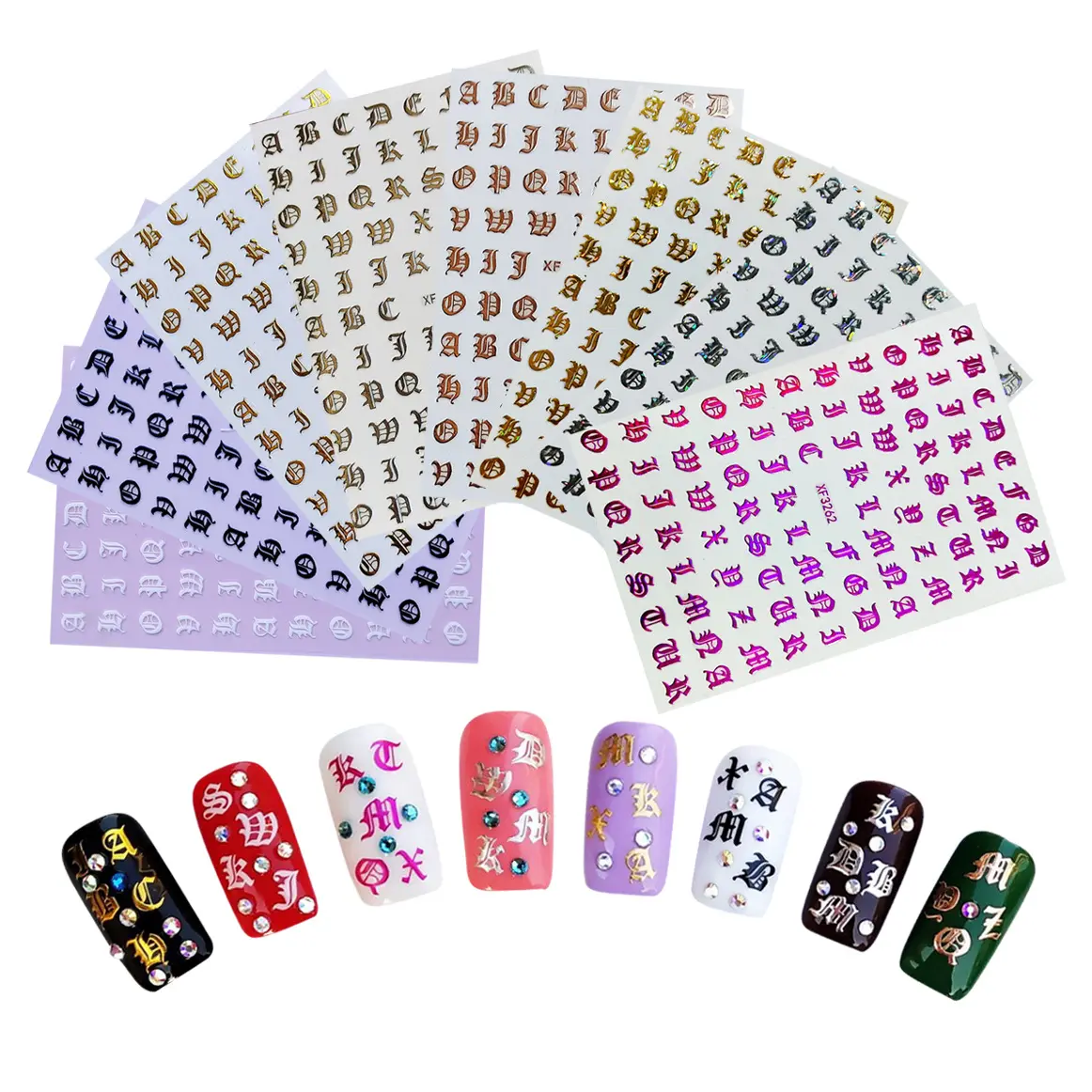 8 Colors Classic Letter Words Old Style English Alphabet Nail Decals Holographic Laser Letter Nail Art Stickers