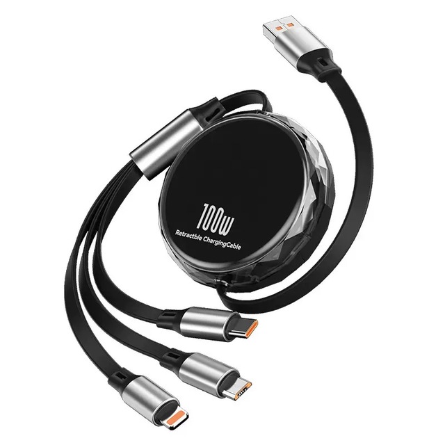 100W 3 in 1 Retractable Braid Shielding Fast Charging Cable 6A PD USB-C/Micro USB Charger with 12 Months Warranty and Earphone
