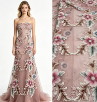 Tissu en dentelle florale perlée de luxe, rose poudré, pêche, tissu en tulle brodé pour robe de mariée haute couture