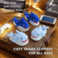 Chaussures en coton pour enfants et femmes, bleues, mignonnes, douces, confortables, moelleuses, chaudes, antidérapantes, semelle en plastique, requin, pour garçons et filles