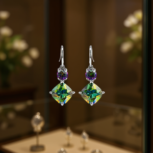 Pendientes de Cuarzo Arcoíris Natural E614, Plata 925, Engaste de Cristal Geométrico, para Mujer, Uso Diario, a la Moda - Product Image 2