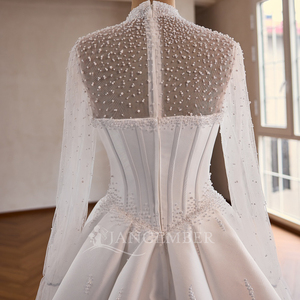 Robes de mariée élégantes Rsm261036 pour les mariées, perles, manches longues, col haut, fermeture éclair au dos, robe en satin style A, robe de mariage Jancemebr - Product Image 6