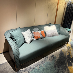 Juego de sofá cama de cuero genuino moderno hogareño de lujo sofá verde azulado + mueble de TV azul pavo real + mesa de centro de Metal de mármol + acento naranja - Product Image 3