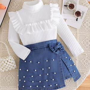 Nuovo autunno e inverno cross-border dolcevita per bambini con foglia di loto lavorato a maglia top pesante in denim con perline set due pezzi