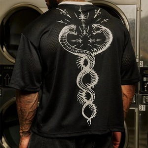 T-shirt en maille noire pour homme, col en V, imprimé graphique, manches courtes, tricoté, 100% coton, coupe classique, streetwear décontracté - Product Image 1