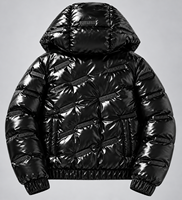 Veste matelassée à capuche brillante personnalisée pour homme avec patch logo en relief, noire, style streetwear hiver, OEM ODM