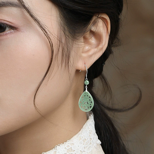 Natural Genuine A-Grade Jadeite Vintage Hollow Engraved <b>Stud</b> <b>Earrings</b> Bean-Shaped S925 <b>Silver</b> <b>Set</b> Jade Ethnic Anniversary Gift - Product Image 4