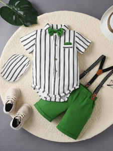 Ensemble de tenues formelles pour garçons Chemise à manches courtes à rayures Noeud papillon à pois Short à bretelles avec bonnet pour anniversaire en plein air - Product Image 4