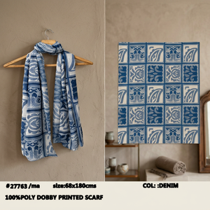Blue <b>White</b> Floral Geometric Dobby Printed Poly Scarf Shawl Tassel Edge Lightweight <b>Wrap</b> for Travel Gift - Product Image 2