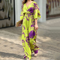 En stock Combinaison pour femme à imprimé floral, col en V, manches chauve-souris, taille haute, pantalon large, coupe ample, pour les vacances et les loisirs