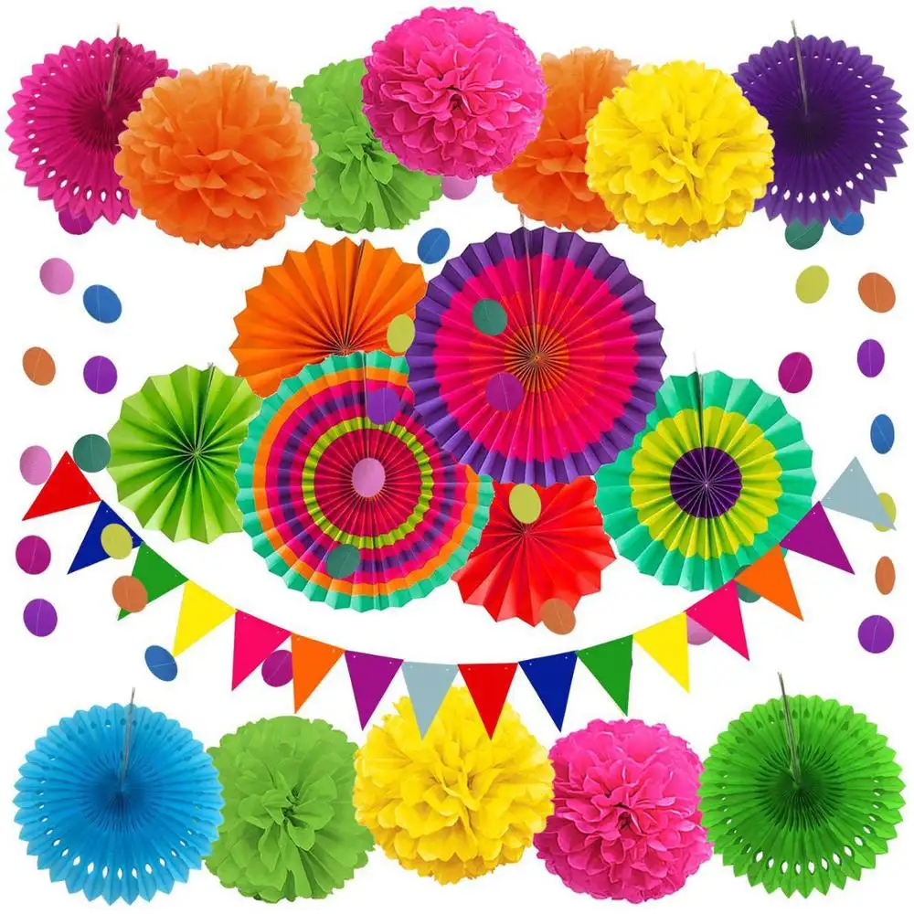 Meilun cumpleaños pancarta abanicos de papel con bolas de panal, guirnalda de papel remolinos colgantes y juego de globos para decoración de fiesta de cumpleaños