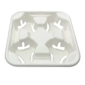 Canne à sucre Bagasse Porte-gobelet à café Biodégradable 4-pc Porte-gobelets Blanc Carré Café Plateau à emporter