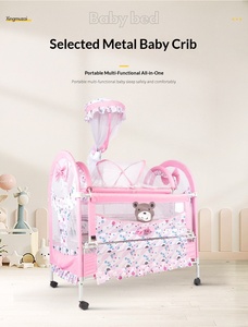 Princess Style Baby Bed with Fabric Upholstery Metal Frame <b>Roller</b> Storage Layer Foldable Design for Babies - Product Image 3