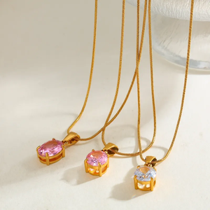 Elegant 18K <b>Gold</b> Plated 304 Stainless Steel <b>Necklace</b> With Zircon Round Oval Pendant Classic Electroplating <b>Snake</b> Chain Jewelry - Product Image 4