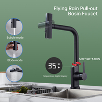 Robinet de cuisine moderne noir intelligent avec affichage numérique de la température, poignée unique extractible, pivotant à 360°, 3 modes de jet d'eau : pluie et cascade